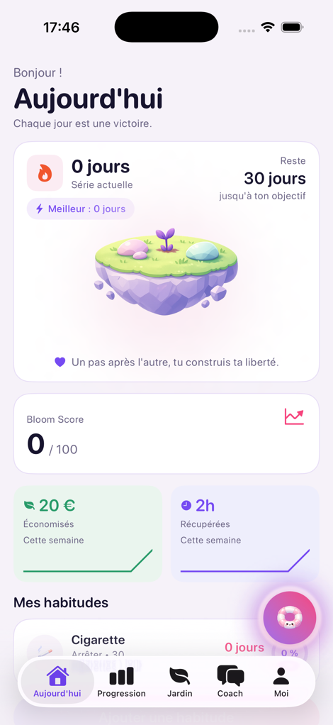 Écran FlowBloom « Aujourd'hui » : île flottante, série, Bloom Score, économies de la semaine et bouton SOS flottant.