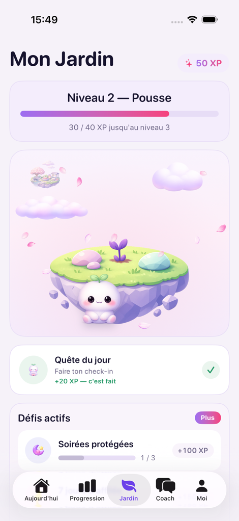 Écran FlowBloom « Mon Jardin » : île fleurie avec le compagnon, niveau, quête du jour accomplie et défis actifs.